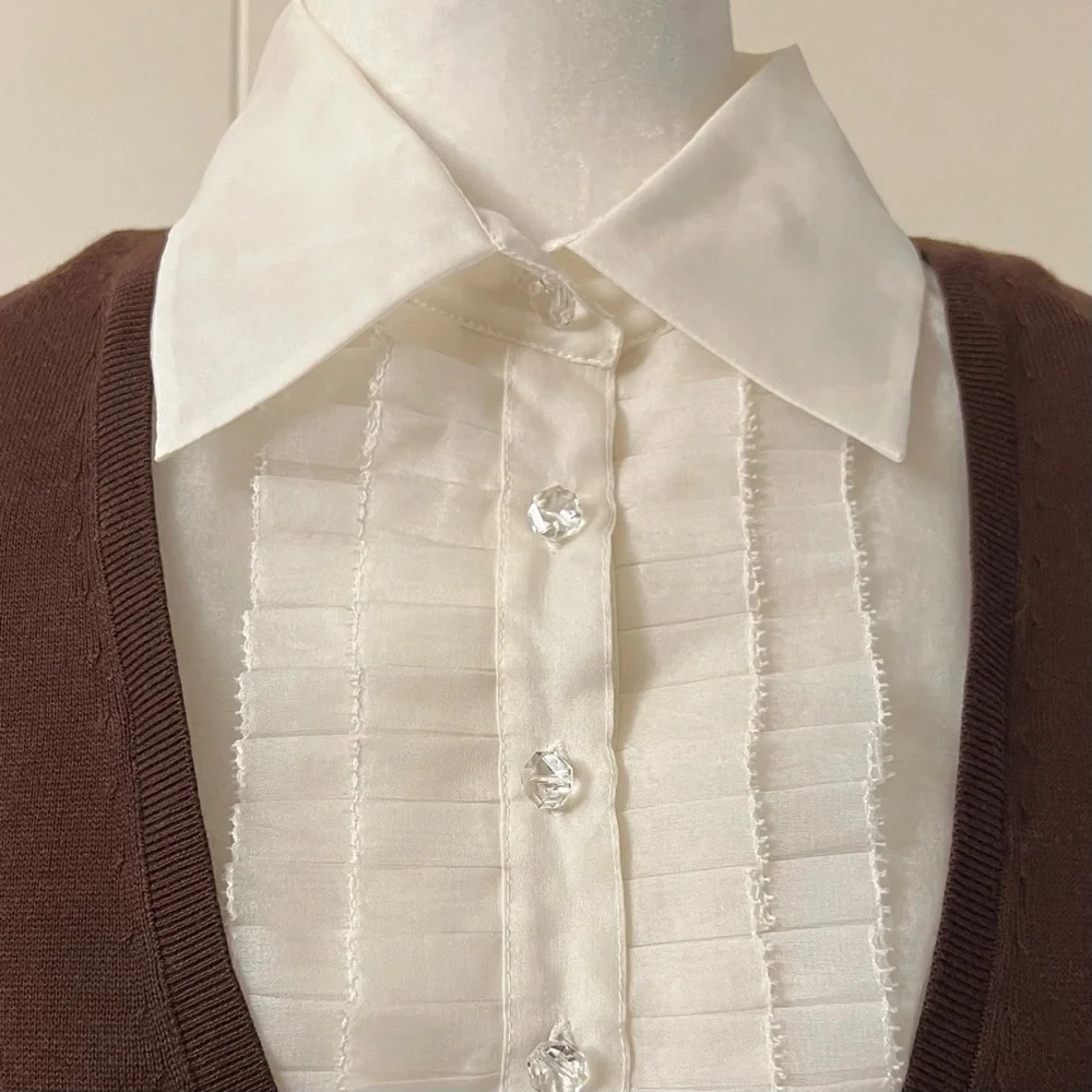 Worth V neck pullover sweater chestnut brown cream tuxedo dickie large NWT